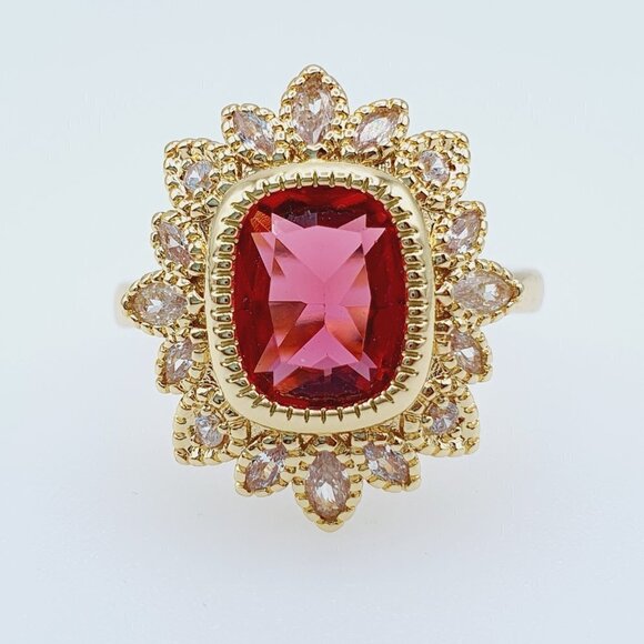 "18K Gold Plated Flower Shaped Red 3A CZ Women Ring, FB16FA1038 - Picture 7 of 7